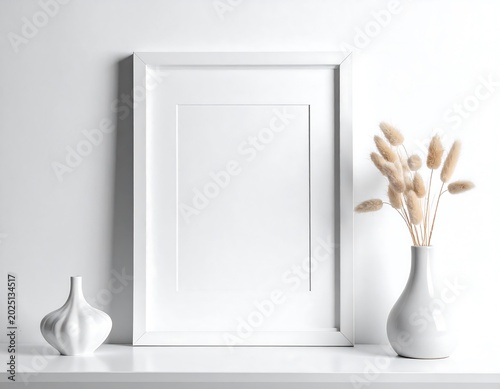 Minimal White Picture Frame Displayed on Shelf with Ceramic Vase and Dried Grass