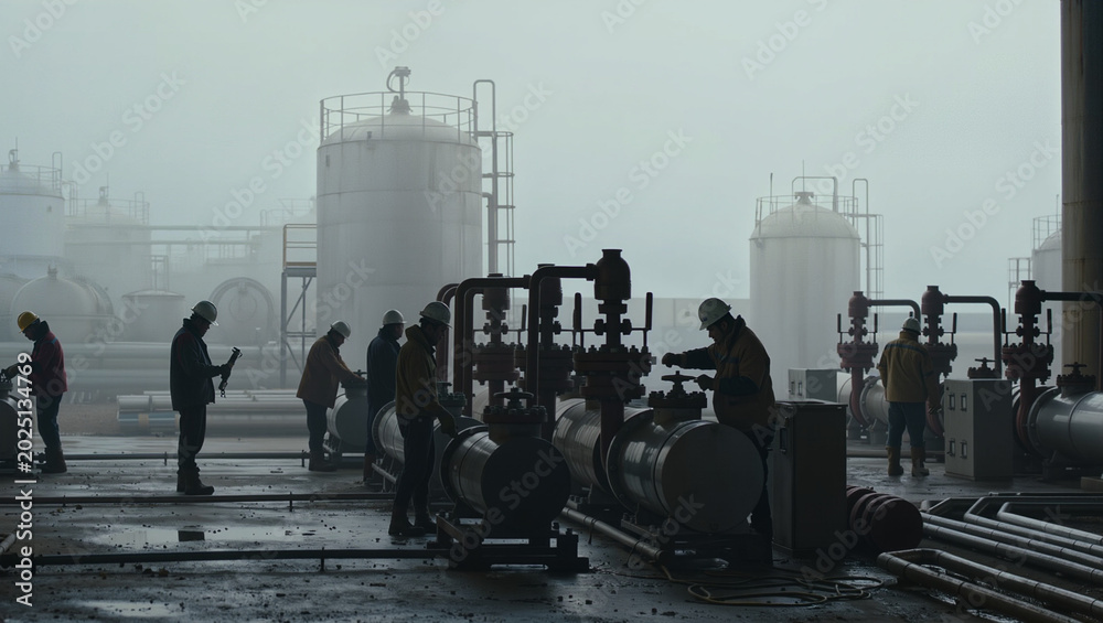 Obraz premium Industrial Workers Operating Equipment at Oil Refinery Plant