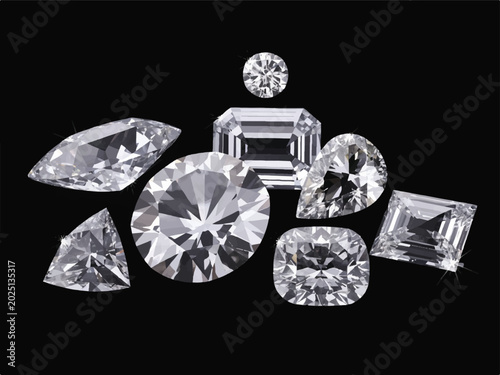 Photos Collection of various shiny diamond gems in different shapes and sizes on black
