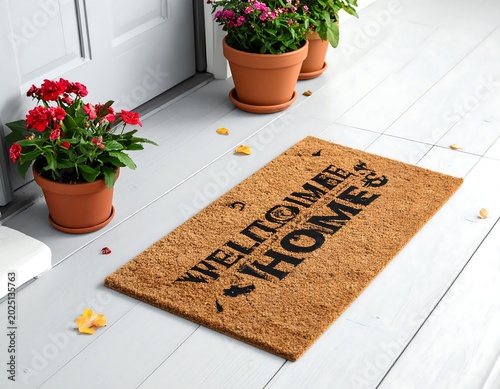 Coir Welcome Home Doormat Resting on Light Gray Porch Floor with Potted Red Flowers