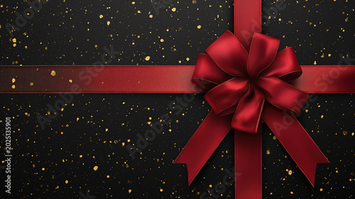 Merry Christmas Gift Card Wishes with Red Ribbon Bow on Shiny Black Background