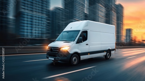 Van cargo delivery vehicle driving on a city highway road at sunset with buildings