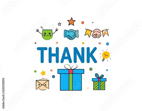 Colorful Thank You Text with Gift Boxes Handshake Icons on White Background