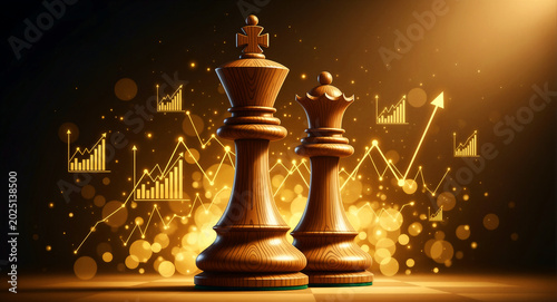 Wooden chess king and queen pieces standing on a board with glowing financial graphs. Golden data charts rise behind the pieces against a bokeh background. Business strategy and investment concept.