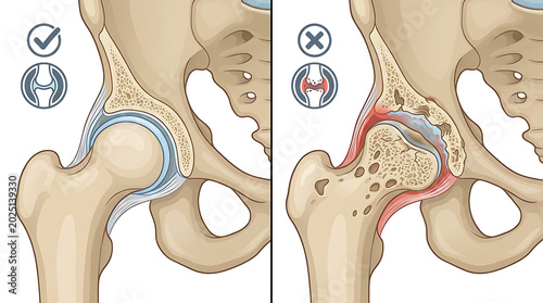 Anatomical comparison of healthy hip joint versus pelvic bone affected by femoral head osteonecrosis, avascular necrosis, and osteoarthritis showing degeneration and bone tissue damage.