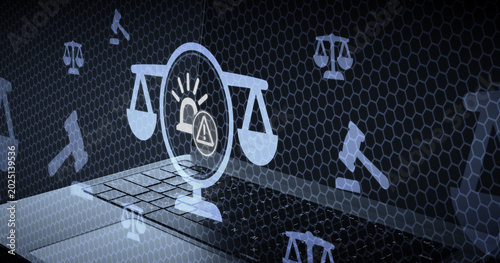 Tableau sur toile Digital legal alert concept featuring holographic scales of justice and warning