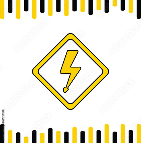 Electric hazard warning sign icon, yellow lightning bolt diamond caution symbol, flat vector illustration