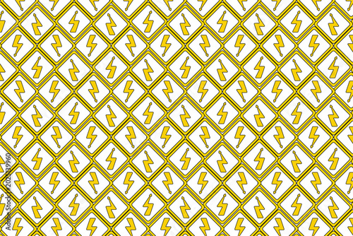 Electric hazard warning sign seamless pattern, yellow lightning bolt diamond repeat, safety caution wallpaper vector 