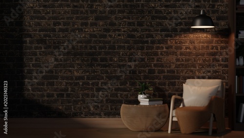 Foto Hanging lamp shining over white armchair and woven table beside bookshelf in dim