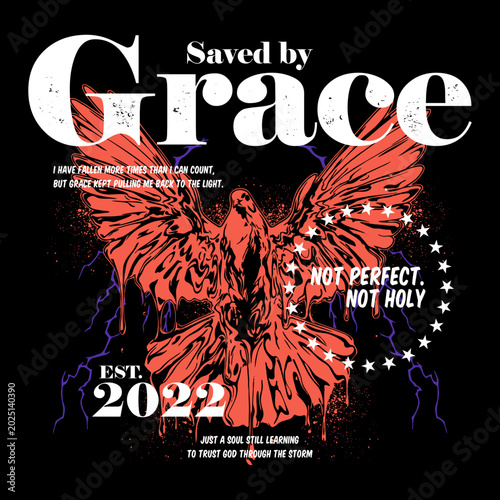 Foto Streetwear T-shirt Design with Flying Bird Illustration and Saved by Grace Typ