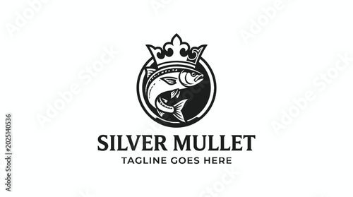 Tableau sur toile Silver mullet fish crown logo emblem for branding identity