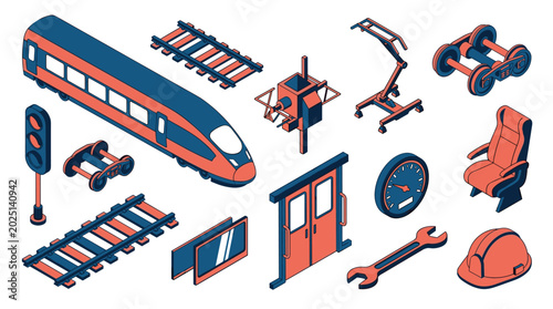 An isometric collection of train and railway elements, including a high-speed train, tracks, signals, and seats, set against a white background.