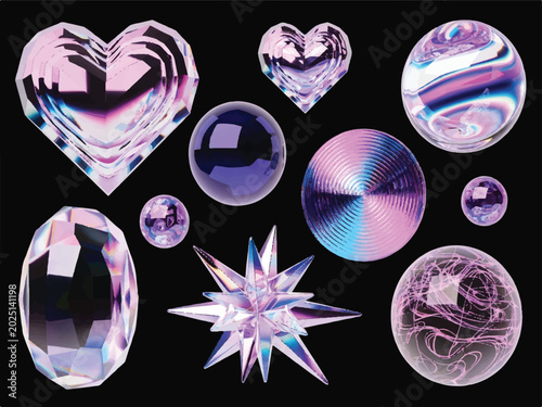 Shiny jewels and gems in various shapes and sizes including hearts stars spheres and ovals in purple and blue hues on dark background