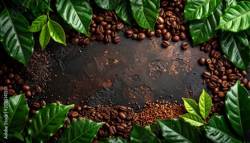 Coffee beans and green leaves frame with copy space for design elements
