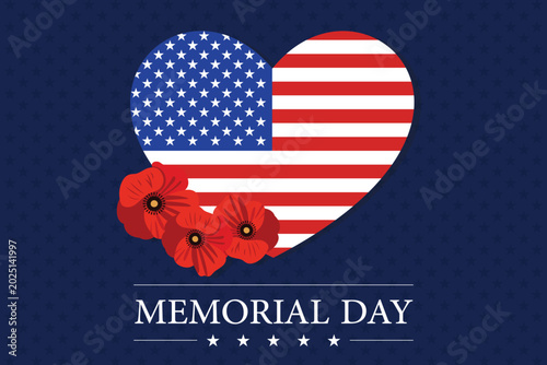 Cuadro en lienzo Memorial Day poster American flag in heart shape with poppy flowers