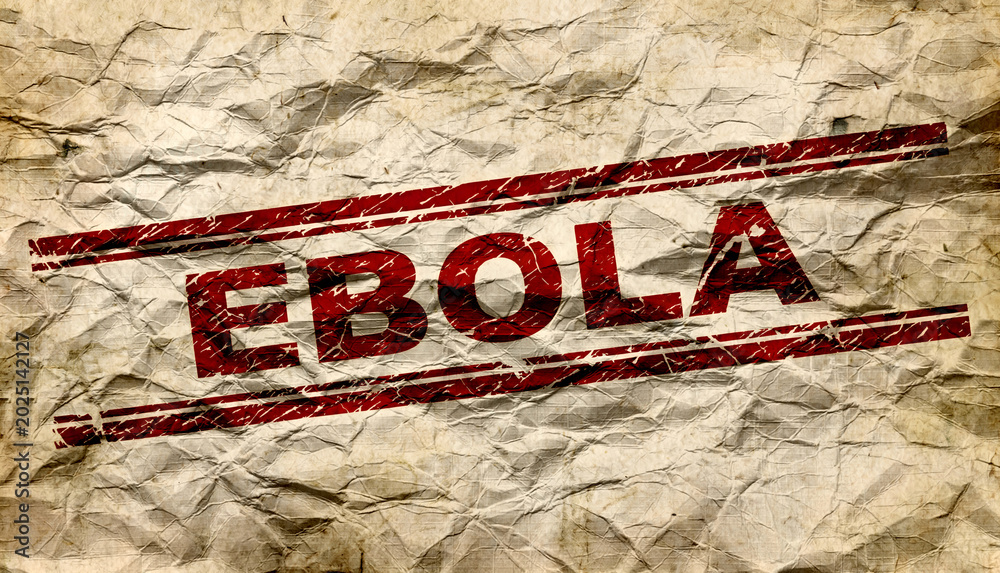Naklejka premium Red stamp on textured and worn paper with the word: EBOLA. Concept of pandemic danger and warning about contagion. Disease caused by the Ebola virus (EVD), a serious viral infection.