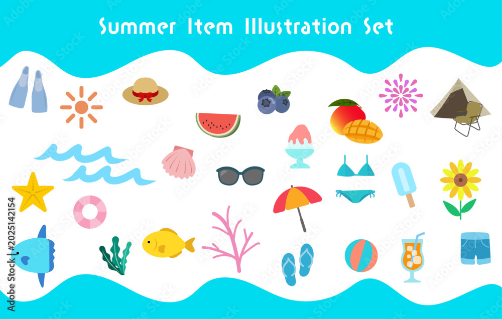 Naklejka premium Cute Hand-Drawn Style Illustration Set for Summer Items | Ocean, Beach, and Summer Clip Art Collection