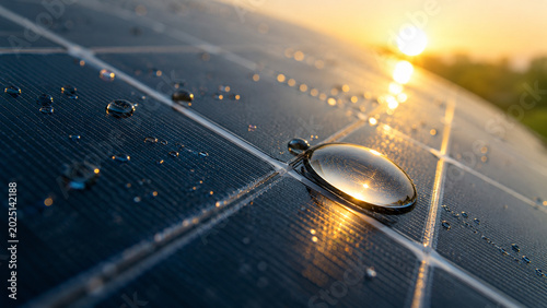 Close up of water droplets on a solar panel surface during sunset, representing renewable energy and sustainability