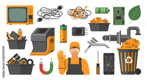 A repair technician stands next to an electronic recycling station featuring a shredder, batteries, cables, and broken electronic devices on a plain white background.