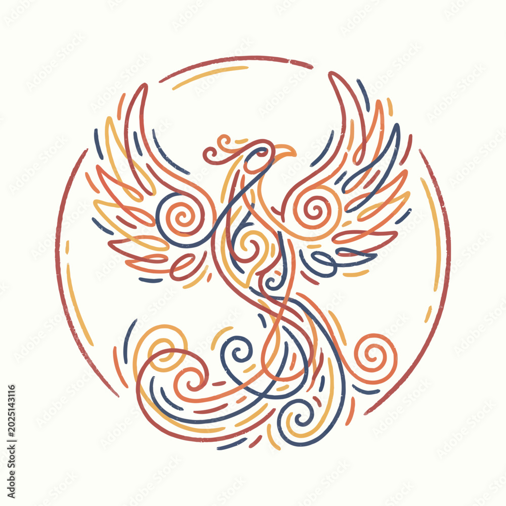 Fototapeta premium A stylized phoenix bird illustration with swirling lines in warm colors within a circular frame.