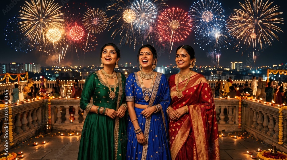 Naklejka premium Three women in traditional Indian attire celebrate Diwali with fireworks