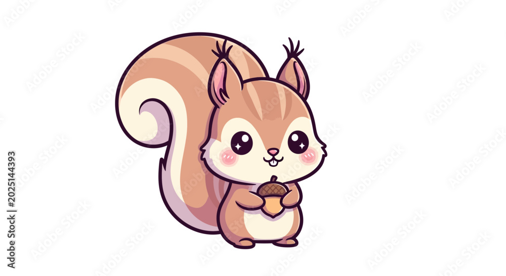 Fototapeta premium Cute Kawaii Squirrel Holding Acorn, Cartoon Animal Illustration