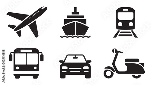 Transportation vector icon pack containing an airplane, cruise ship, train, bus, car, and scooter