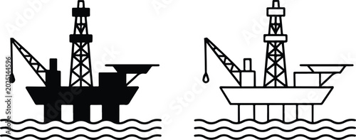 Obraz na płótnie Minimalist Offshore Oil Rig and Drilling Platform Icon Set, Modern Deep-Sea Oil Extraction, Petroleum Refinery, and Fossil Fuel Vector Graphics, vector, illustration, silhouette