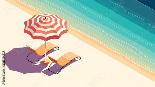 A tranquil beach scene with two empty lounge chairs and a striped umbrella casting shadows on the sand, overlooking the gentle waves of the ocean.