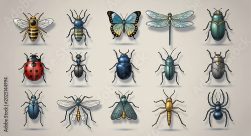 Εκτύπωση καμβά Collection of Various Insects and Bugs Detailed Illustration.