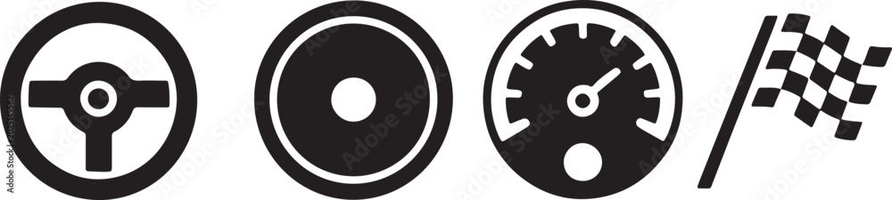 Fototapeta premium Car race icons set speed meter steering wheel checkered flag sporting event on white background