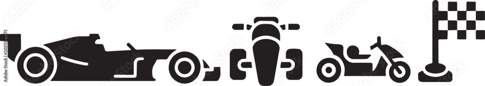 Fototapeta premium Formula race car wheeled vehicle and motorcycle icons set in outline solid in colored style