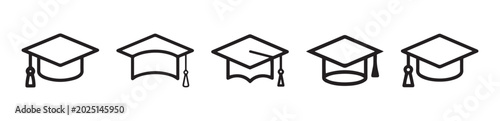 Set of  graduation cap academic mortarboard hats collection university college graduate degree student education success ceremony cap flat line black silhouette style vector