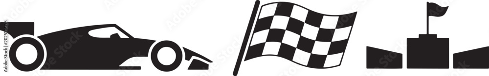 Fototapeta premium Modern racing formula car checkered flag winner podium icons set in solid style on white sports