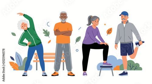 Active seniors exercising together outdoors in a park setting.