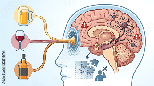 Conceptual Illustration of Alcohol Impact on Human Brain Health showing Medical Risk of Dementia Memory Loss and Cognitive Decline from Ethanol Consumption involving Wine Spirits and Beer