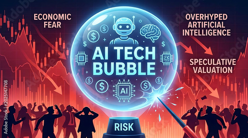 Abstract Concept Representing Artificial Intelligence Bubble Risk with Glowing Spheres Symbolizing Overhyped Economic Market Speculation and Overvalued Technology Financial Volatility Concerns.