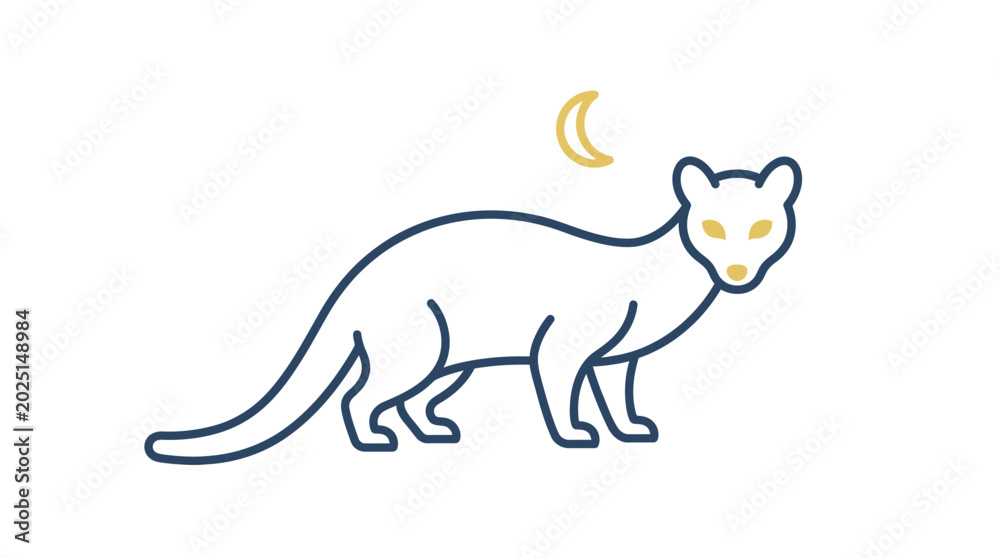Fototapeta premium Minimalist line art illustration of a weasel or ferret under a crescent moon