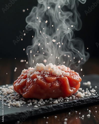 Smoked Spiced Raw Salmon on Dark Slate with Salt Crystals Rising Steam