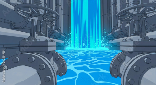 Industrial pipes with large valves framing a waterfall of blue water. Stylized illustration of a hydroelectric facility with rushing liquid. Water management and clean energy concept.