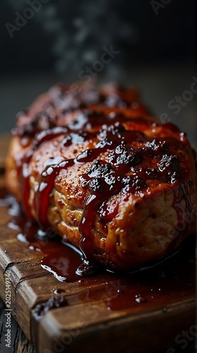 Sticky Glazed Desserts Wrapped in Rich Caramel Sauce on Rustic Board