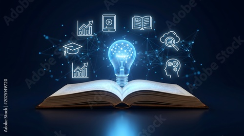 Artificial intelligence education concept featuring open book with glowing brain lightbulb hologram and digital learning icons