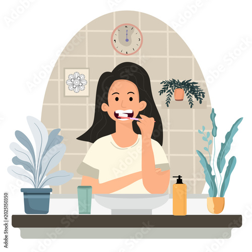 Flat vector illustration of a happy young woman brushing her teeth in front of a bathroom mirror. Concept of morning dental routine, self-care, and personal hygiene on a soft neutral background.