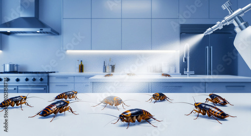 Spraying chemical mist on cockroaches crawling on a kitchen counter. Large roaches infest a modern kitchen while a pest control treatment is applied. Professional extermination service concept.