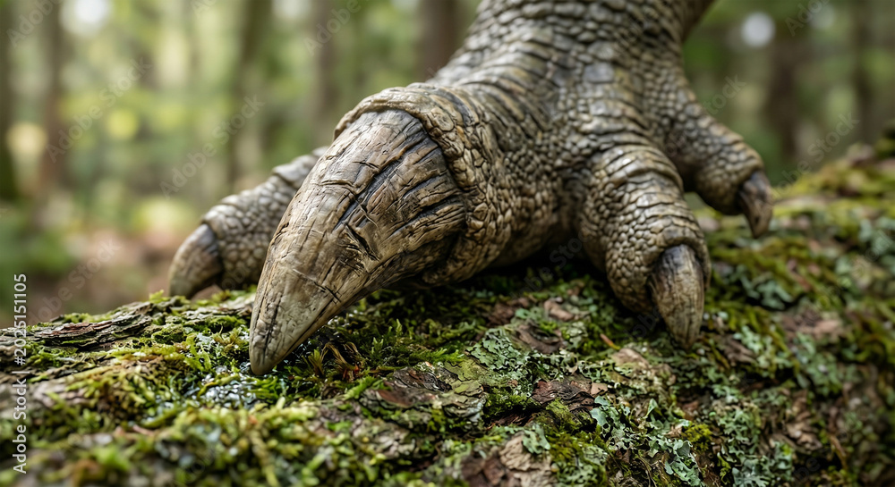 Obraz premium An extreme macro photograph of an Iguanodon's hand resting on a mossy log. The primary focus is the large, conical, sharply pointed thumb spike