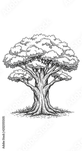 Isolated Large Oak Tree Illustration With Detailed Bark and Leafy Canopy