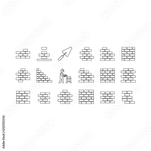 Set of brickwork and masonry icons in line art style with construction, building