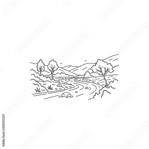 Minimalist landscape line drawing featuring trees mountains and river, landscape