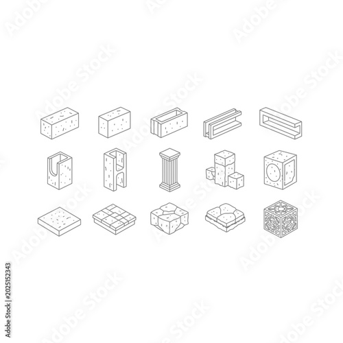 Diverse isometric concrete blocks and construction elements set with concrete