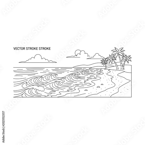 Ocean shoreline landscape line art sketch drawing with shoreline, landscape